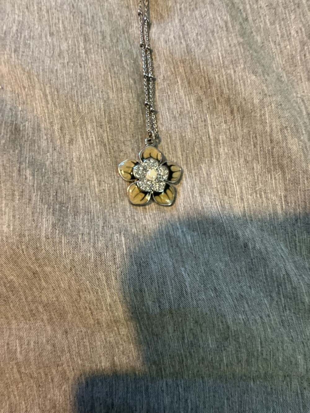 Lia Sophia Silvertone Chain Necklace with Gray and Black Enamel Flower Pendant